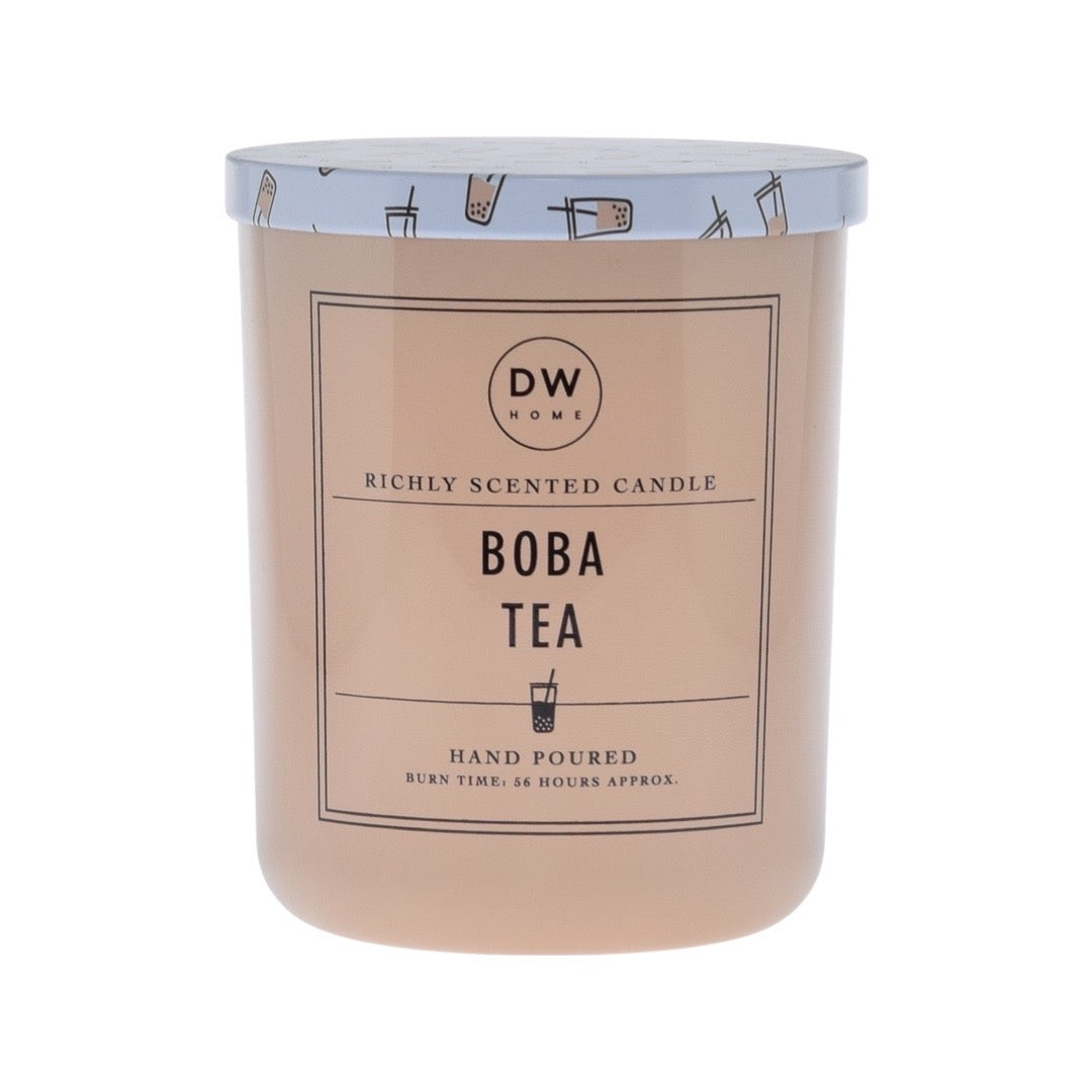A scented candle with 'boba tea' fragrance by dw home, hand-poured with an approximate burn time of 56.5 hours.