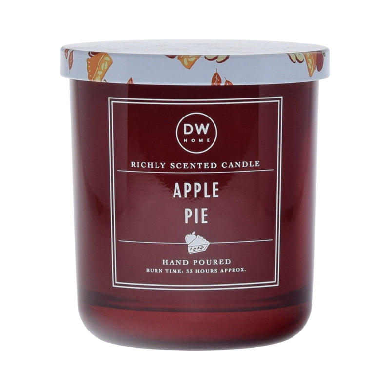 Red candle with 'DW Home' branding and 'Apple Pie' scent on a white background
