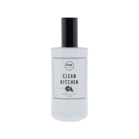 bClean kitchen room and linen spray bottle. White bottle with black lid.