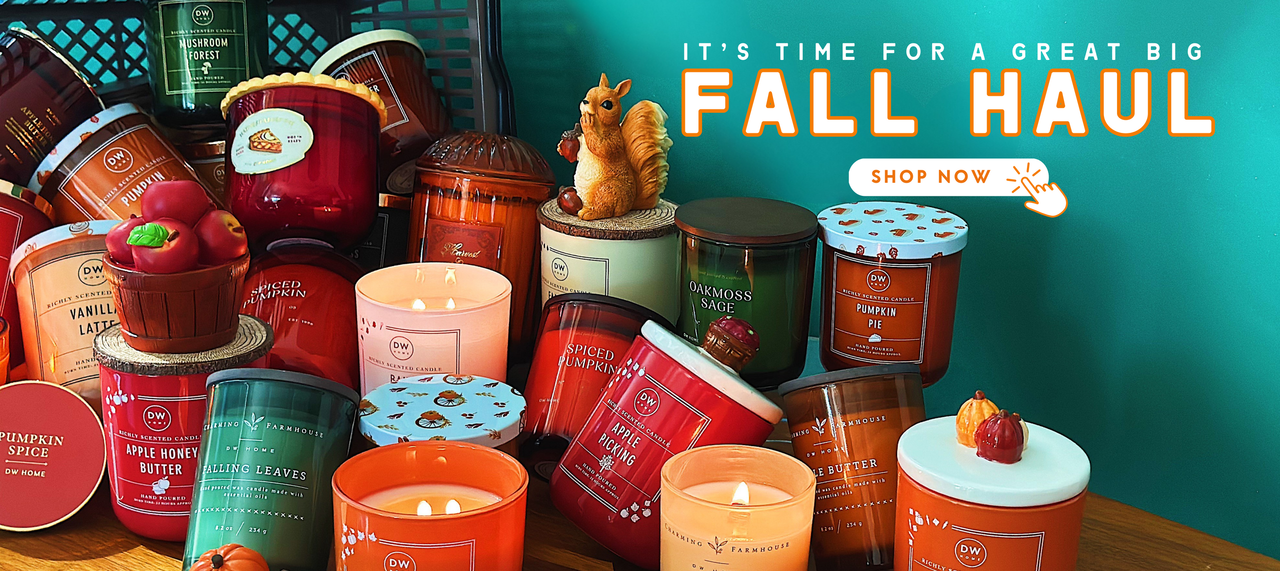 Assorted fall-themed candles with a promotional message on a teal background