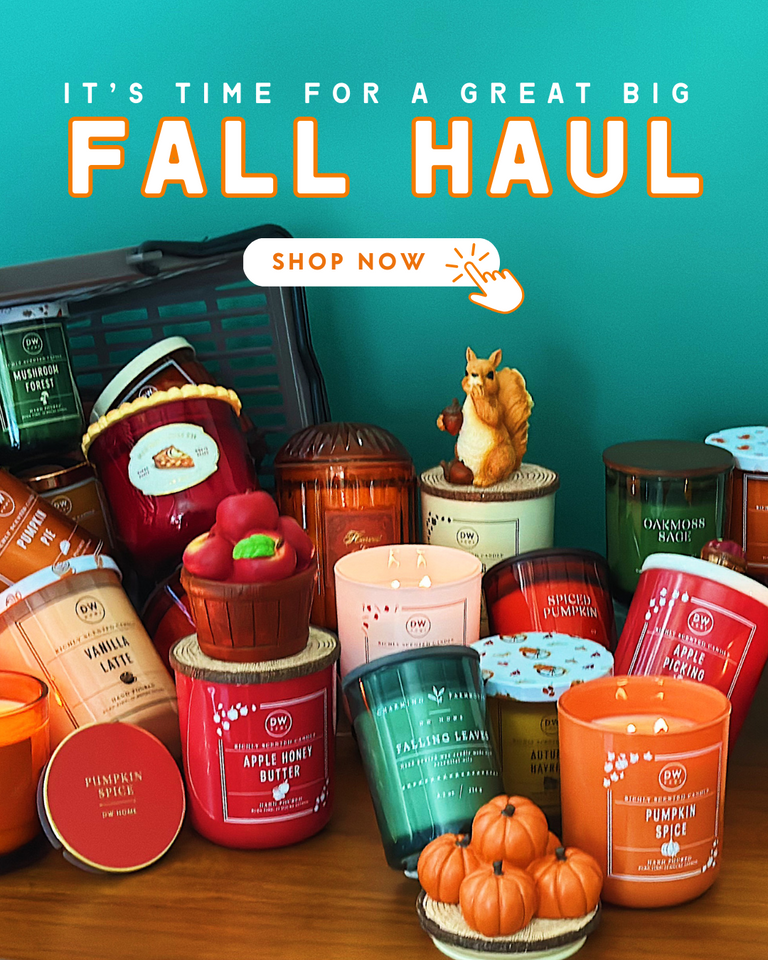 Collection of fall-themed candles and products with a 'Shop Now' button on a teal background.