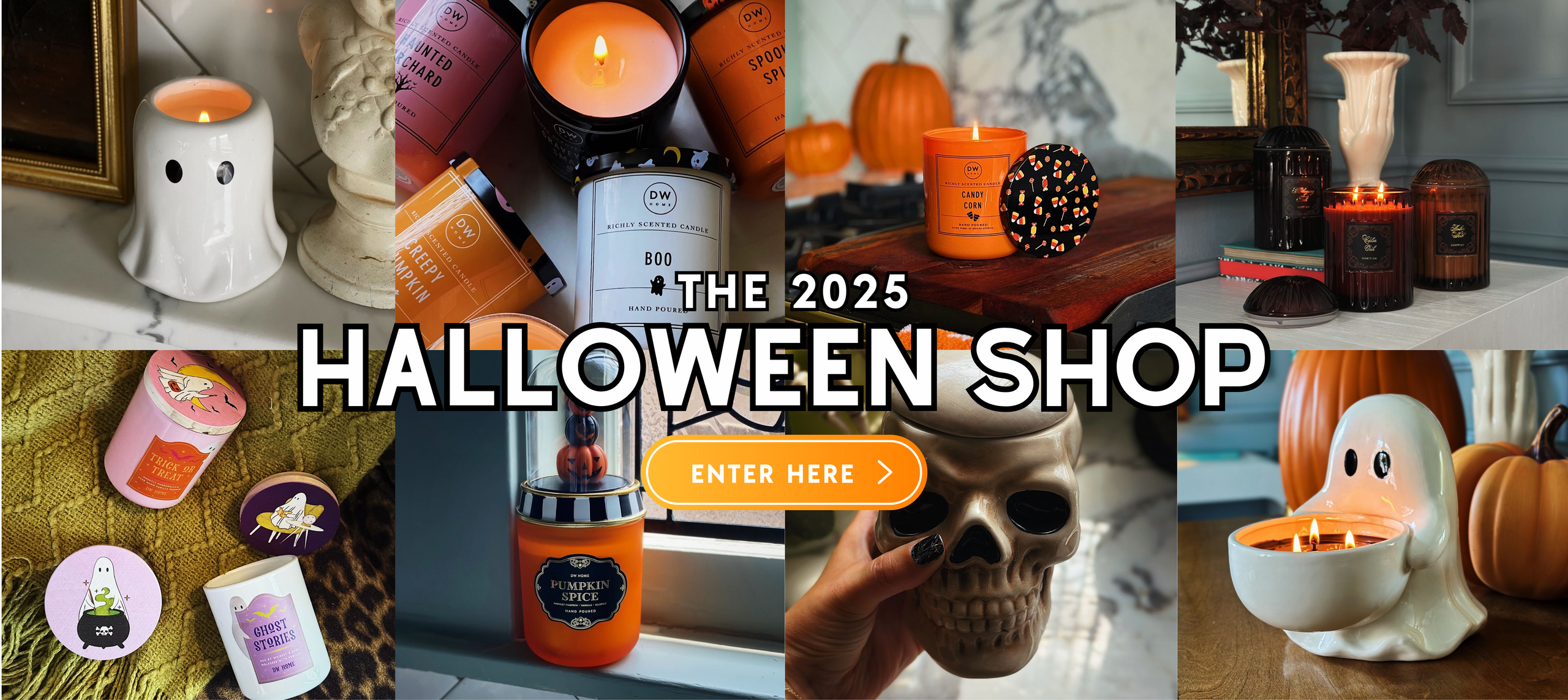Promotional banner for Halloween shop with various themed candles and decor items.