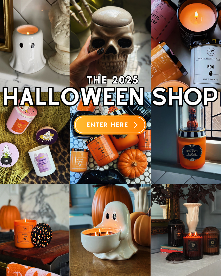 Promotional collage for Halloween shop with various decorative items and text overlay.