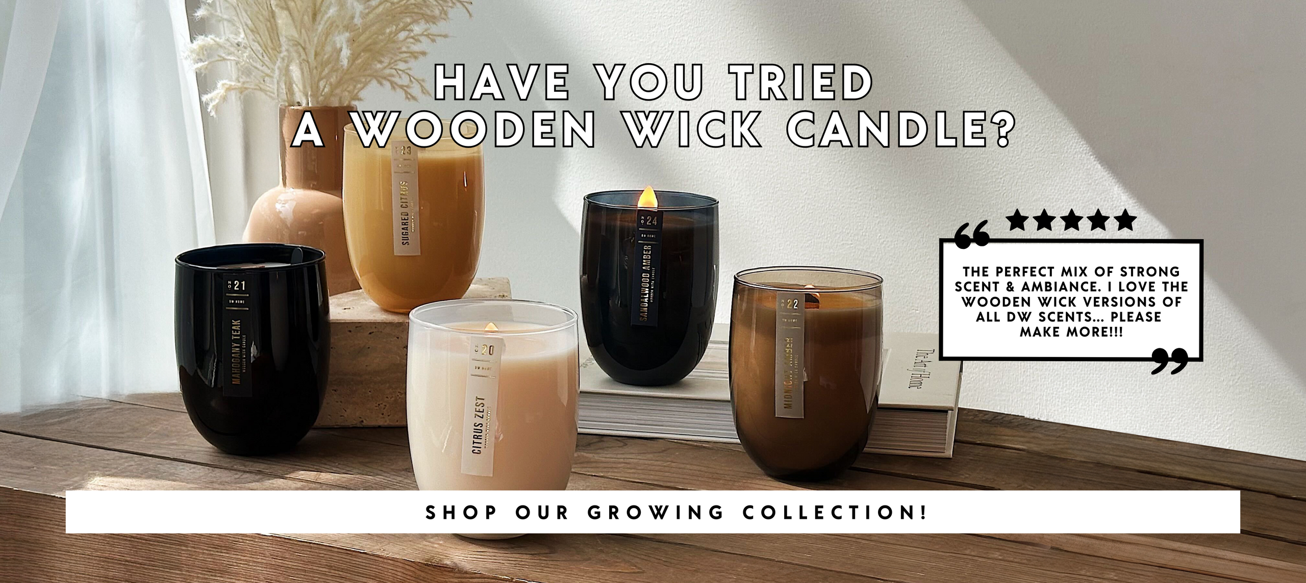 Wooden wick candles on a wooden surface with promotional text.