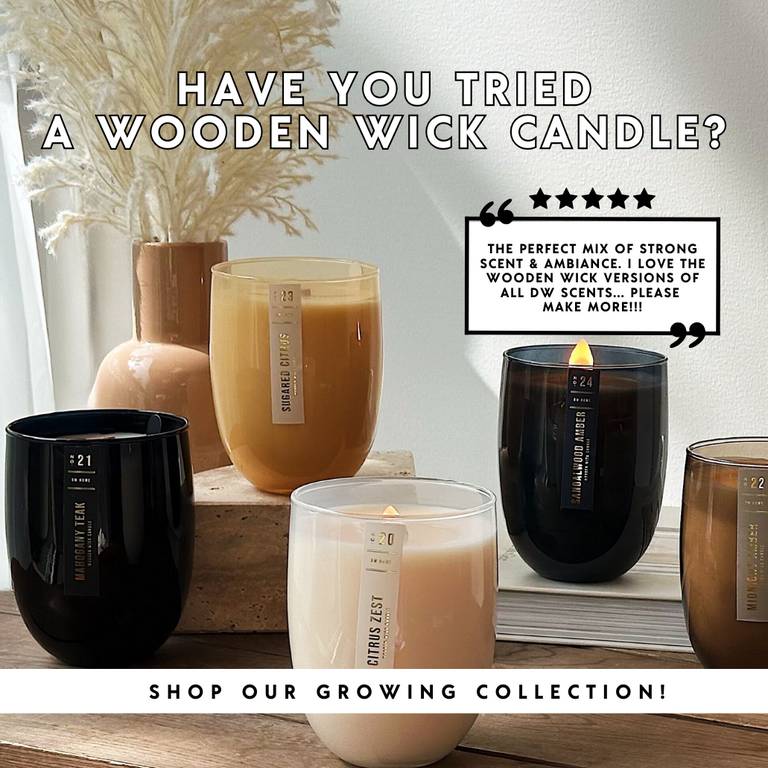 Collection of wooden wick candles in various containers with text promoting the product.