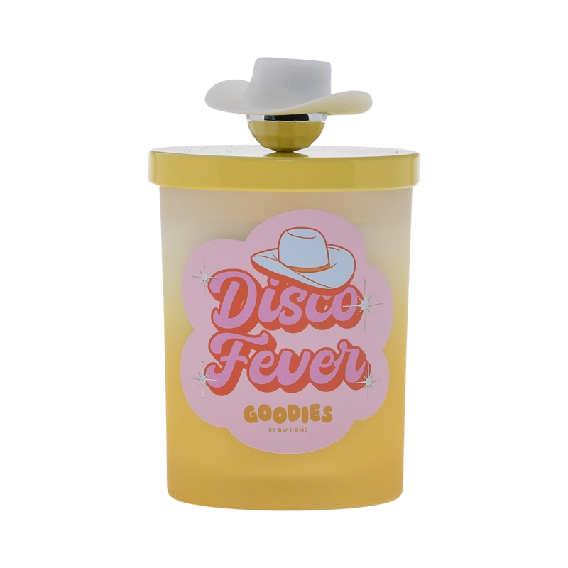 Goodies, Disco Fever candle with silicone lid and disco ball, cowboy hat knob accent