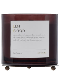 Candle with 'Elm Wood' label on a white background
