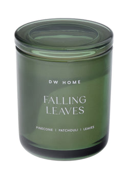 Green candle jar with 'DW Home Falling Leaves' text