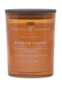 Golden Leaves candle with 'Charming Farmhouse' label on a dark orange background