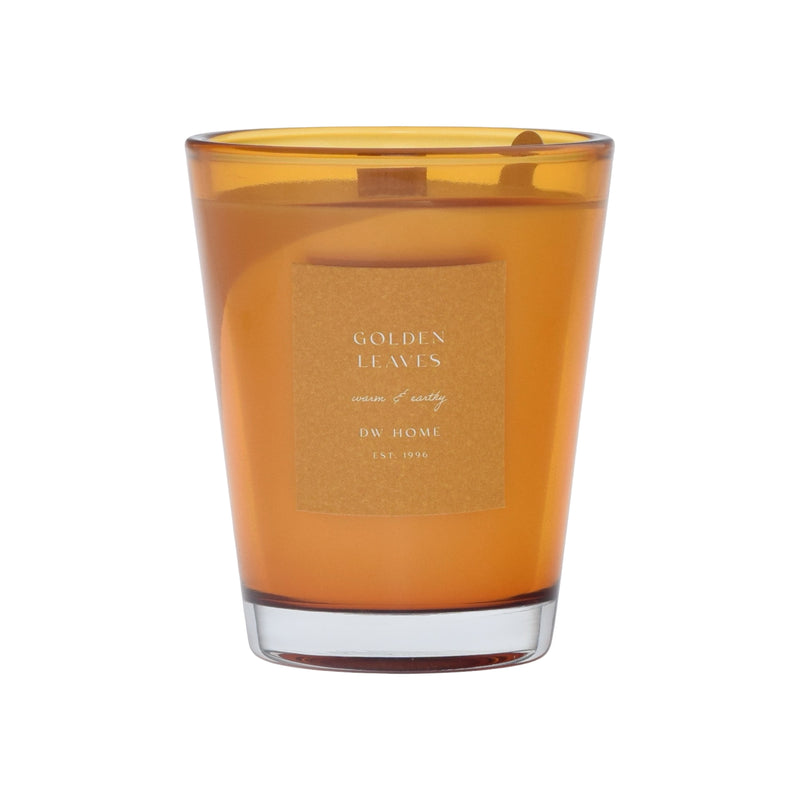 Golden vase glass candle with 'Golden Leaves' label on a golden background