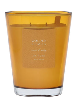Golden vase glass candle with 'Golden Leaves' label on a golden background