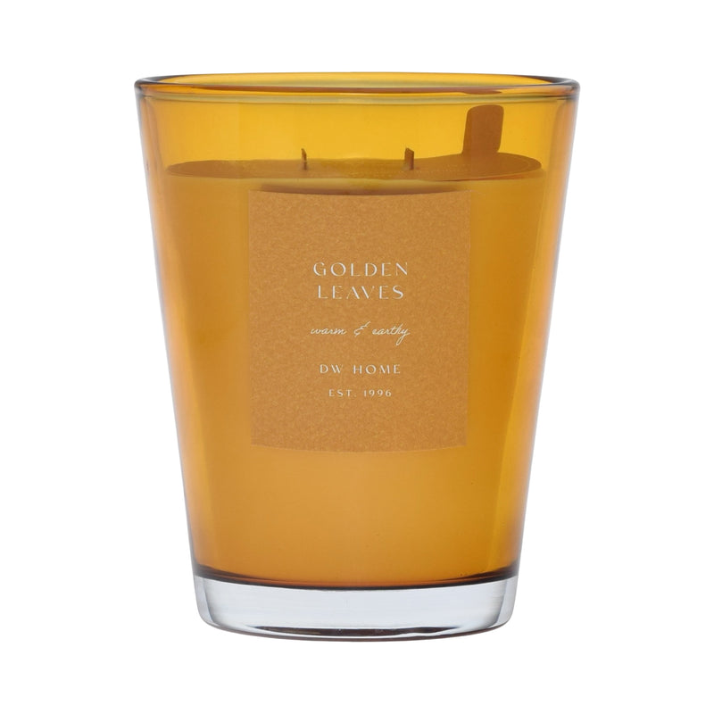 Golden vase glass candle with 'Golden Leaves' label on a golden background