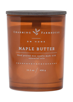 Amber candle jar with 'Charming Farmhouse' label on an amber background