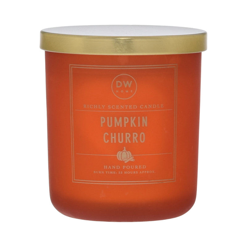 Orange candle with gold lid labeled 'Pumpkin Churro' on a white background