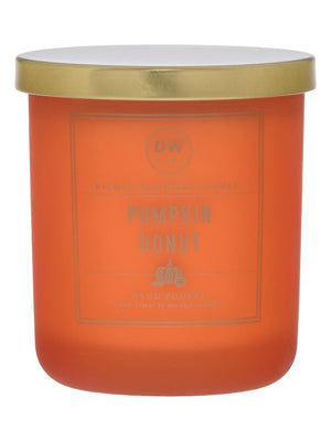 Orange candle with a gold lid labeled 'Pumpkin Donut' on a white background