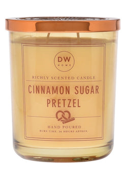 Cinnamon sugar pretzel candle with rose gold lid.