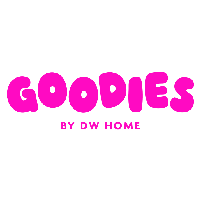 Bright pink "goodies" text on a white background, with "by dw home" in smaller lettering below.
