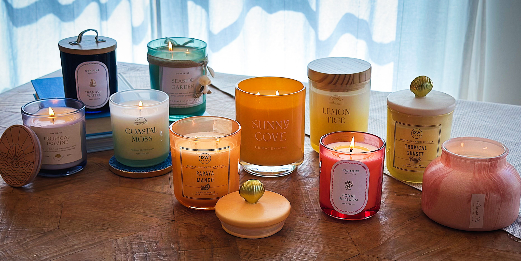 Summer collection candles on table top