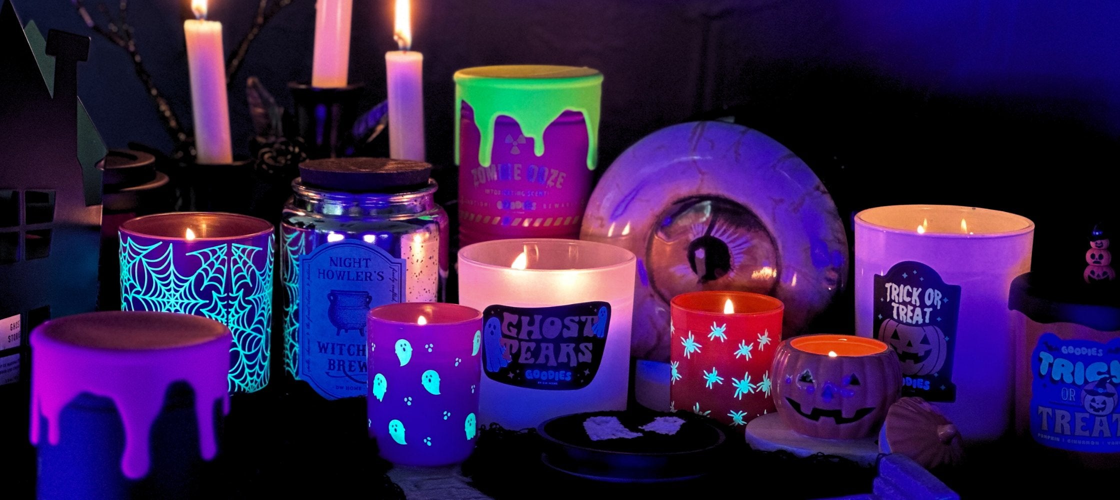 halloween candles with big jack-o-lantern and ghost knobs.