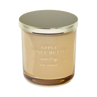 Candle with gold lied and 'Apple Honey Butter' label