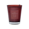 Red candle with a label on a red background