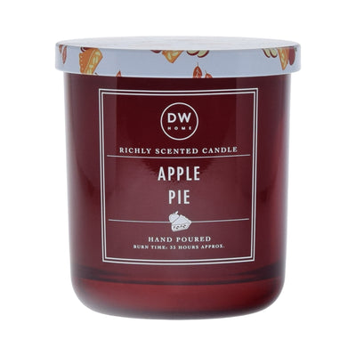 Red candle with 'DW Home' branding and 'Apple Pie' scent on a white background