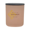 Tan candle jar with 'autumn' and 'toffee pumpkin' text on a tan background