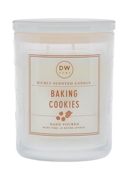 White Baking Cookies candle with burnt orange signature label.