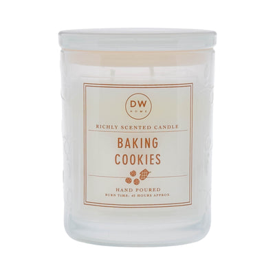 White Baking Cookies candle with burnt orange signature label.