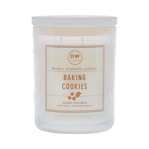 White Baking Cookies candle with burnt orange signature label.