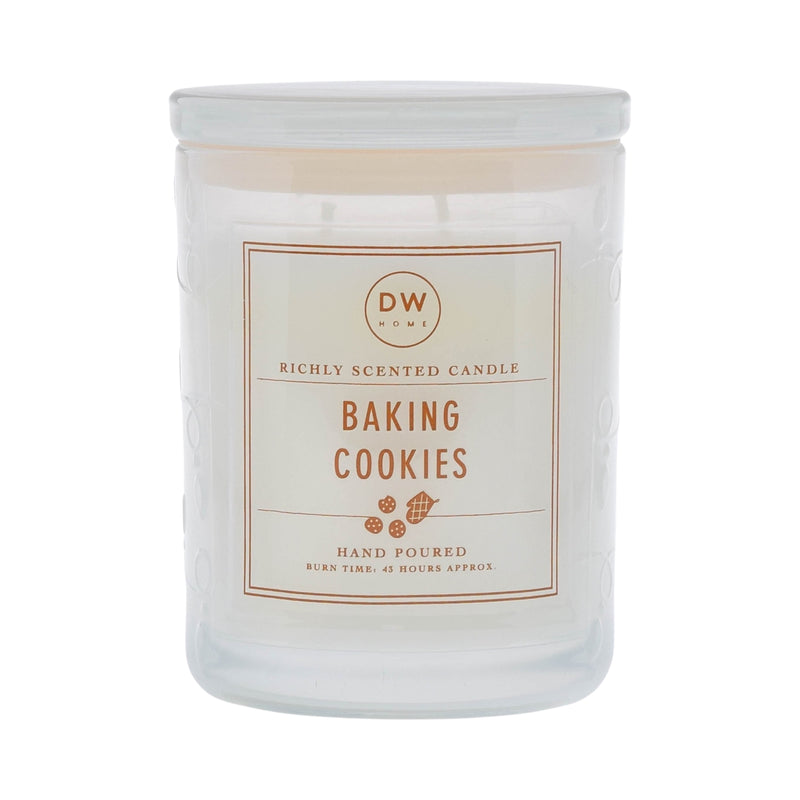 White Baking Cookies candle with burnt orange signature label.