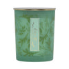 Green balsam fir candle with gold lid and green foliage print design