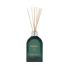 green, balsam reed diffuser bottle with gold metallic print and 8 wood reeds.