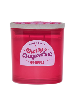 Pink, cherry dragonfruit candle with wooden lid.