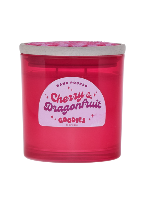 Pink, cherry dragonfruit candle with wooden lid.