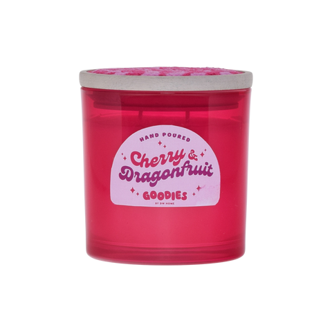 Pink, cherry dragonfruit candle with wooden lid.