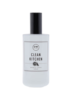 bClean kitchen room and linen spray bottle. White bottle with black lid. 