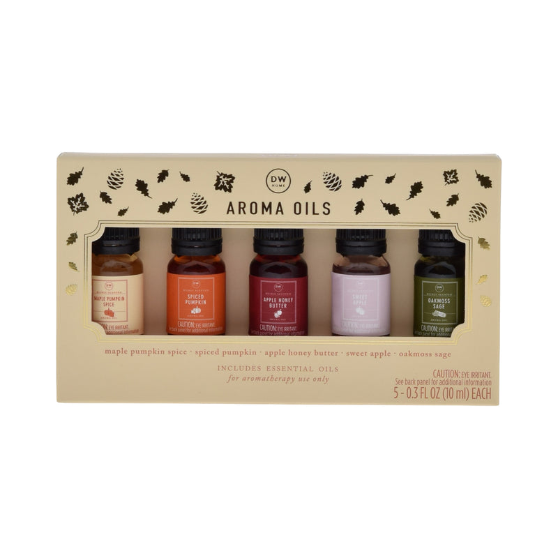 Set of five aroma oil bottles in a decorative box with DW Aroma Oils branding.