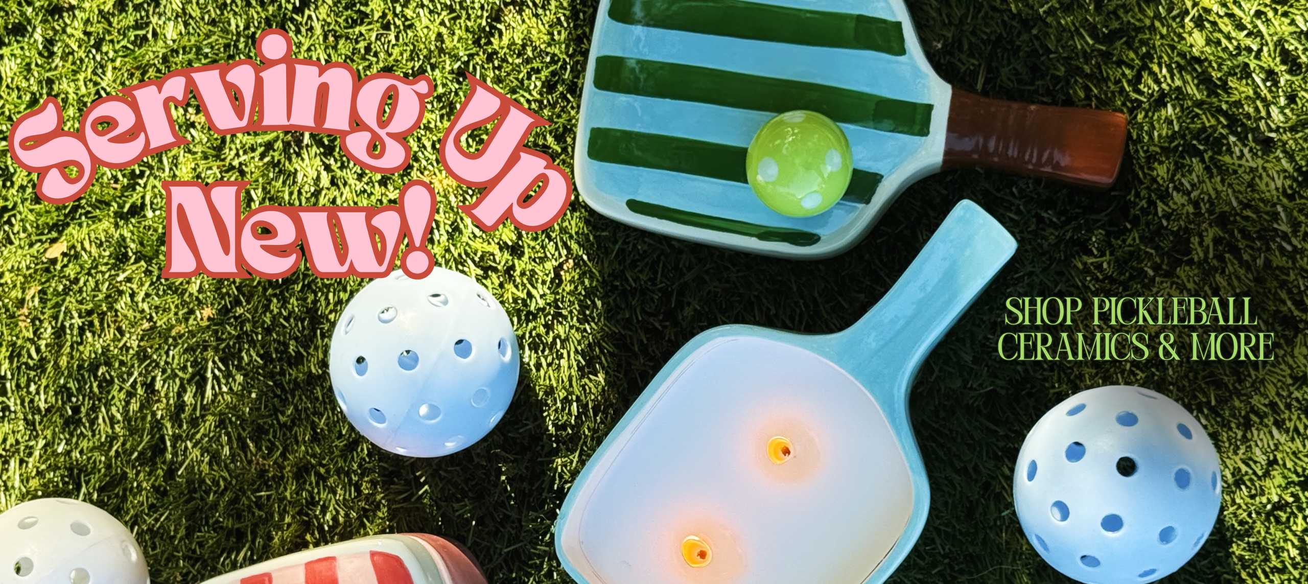 New Pickleball-themed ceramics on a grass background. Shop pickleball ceramics and more