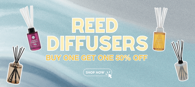 Reed diffusers, buy one get one 50% Off banner.