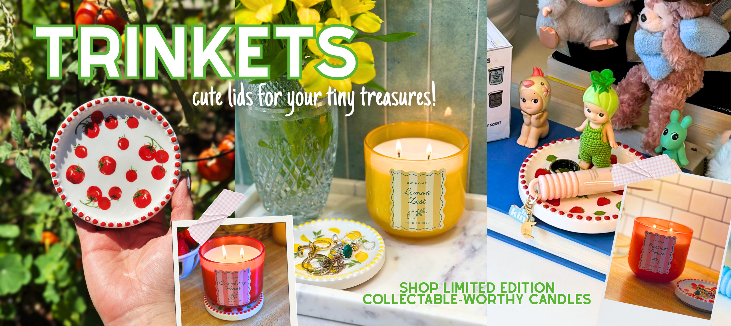 Promotional image for 'Trinkets' with candles and small decorative items on a table.