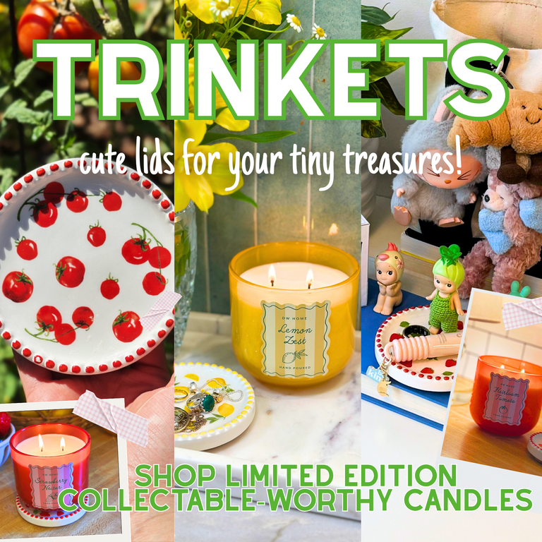 Collage of candles, decorative plates, and small figurines with promotional text for 'Trinkets' products.