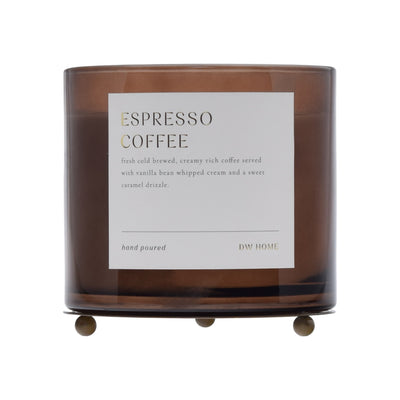 Brown candle labeled 'Espresso Coffee' with a white label on a white background