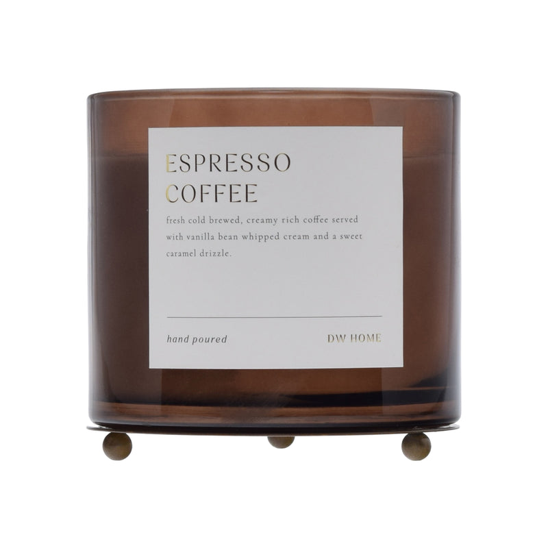 Brown candle labeled 'Espresso Coffee' with a white label on a white background