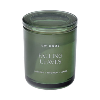 Green candle jar with 'DW Home Falling Leaves' text