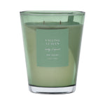 Green vase candle with a label on a green background