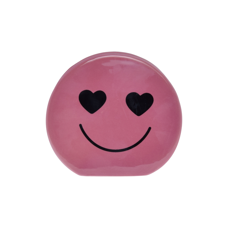 Goodies, pink ceramic heart-eyes smiley face candle