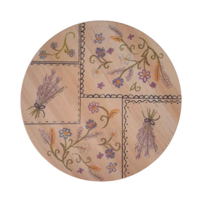A Lavender Bouquet wooden lid with printed flowers and candles on it.