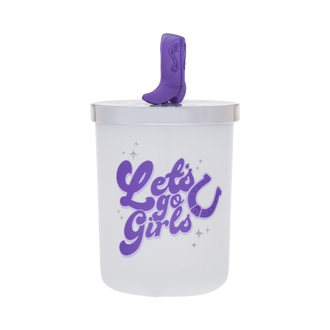 Goodies, let's go girls candle with metal lid and purple cowboy boot knob accent