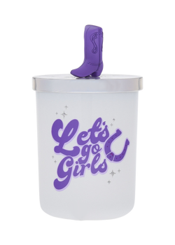 Goodies, let's go girls candle with metal lid and purple cowboy boot knob accent